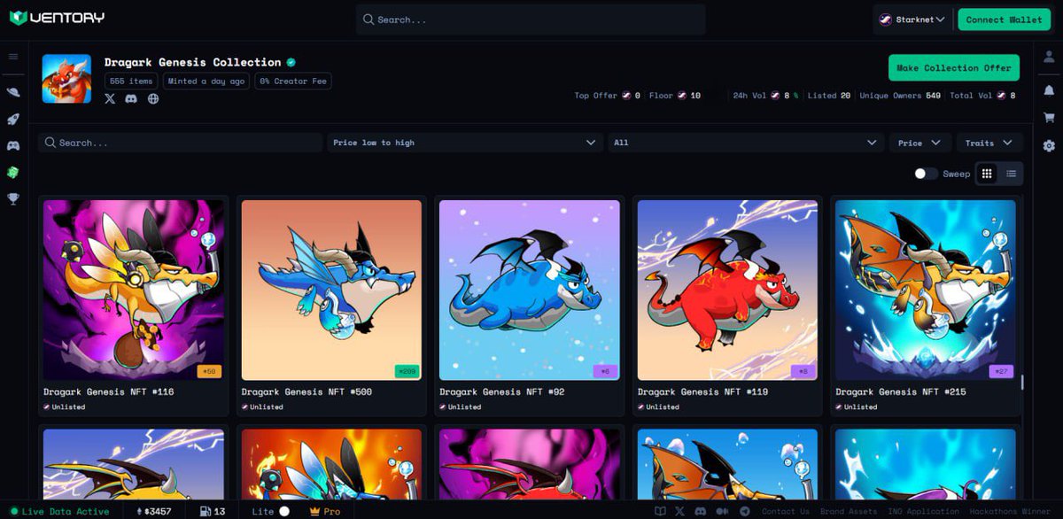 playDRAGARK's tweet image. DRAGARK NFT Collection is now available for trading on @Ventory_gg 🚀

🐉 Class: Genesis 
🎮 The highest in-game stats
🏷️ 5 rarity levels
☄️ 4 elemental types

👉 Own one to conquer the #DragarkBetaTest leaderboard in early July 

Discover now: ventory.gg/collection/0x0…

#starknet…