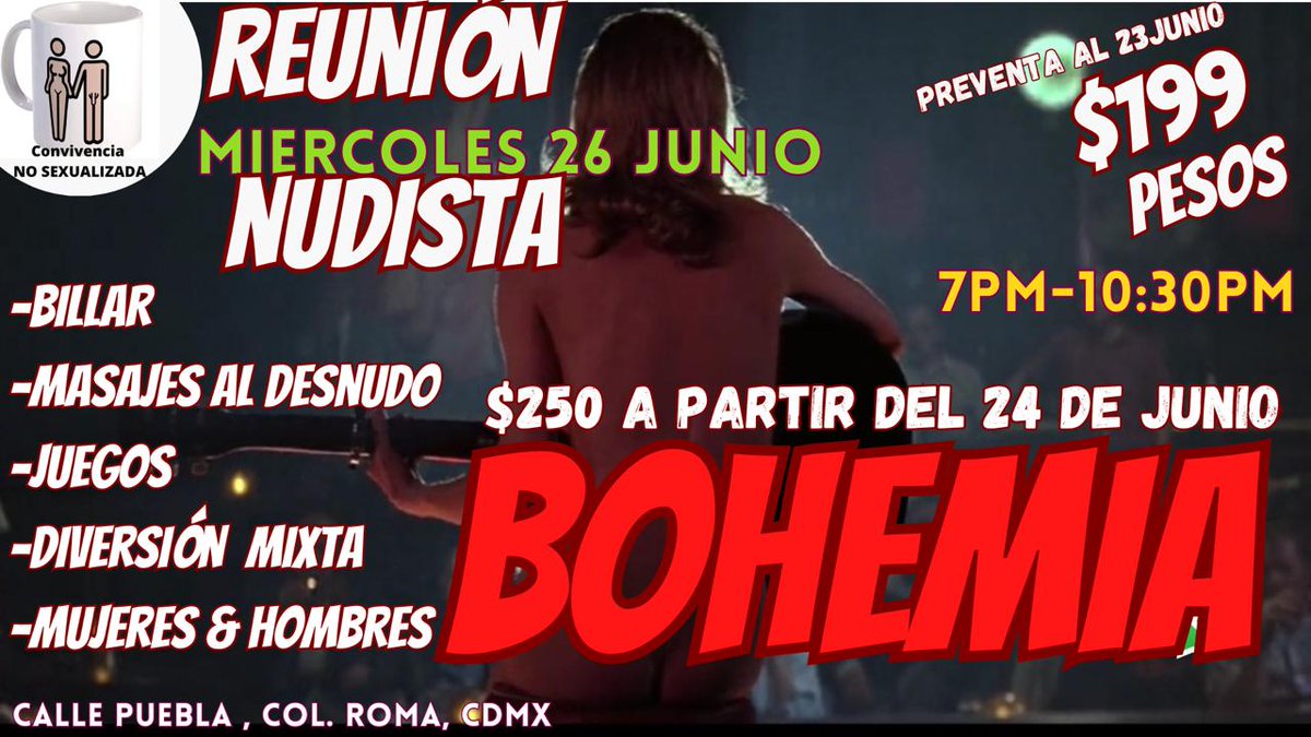 Aventurasencdmx's tweet photo. Listos para nuestra reunión #nudista NO #sexualizada 🥳
Miércoles 26 de 7 a 10:30 pm 🤩
La preventa es hasta el 23 😜
Mas info por MD 🙃
#billar #juegosdemesa  #convivencia #masajes https://t.co/2VKO194kXf
