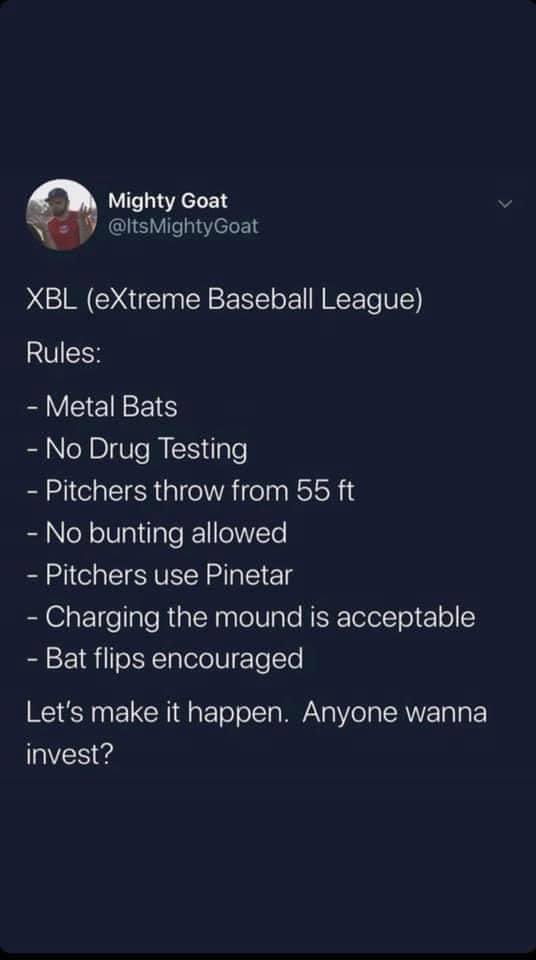 Extreme Baseball League? <a href="/TheSportzNutz/">TheSportzNutz</a> <a href="/JDWyatt06/">JD Wyatt</a> @KeelerBrandon <a href="/ffShaneB/">Shane Barrett✈️</a> <a href="/MarcRyanOnAir/">Marc Ryan</a> <a href="/JakeCrain_/">Jake “JBOY” Crain</a>