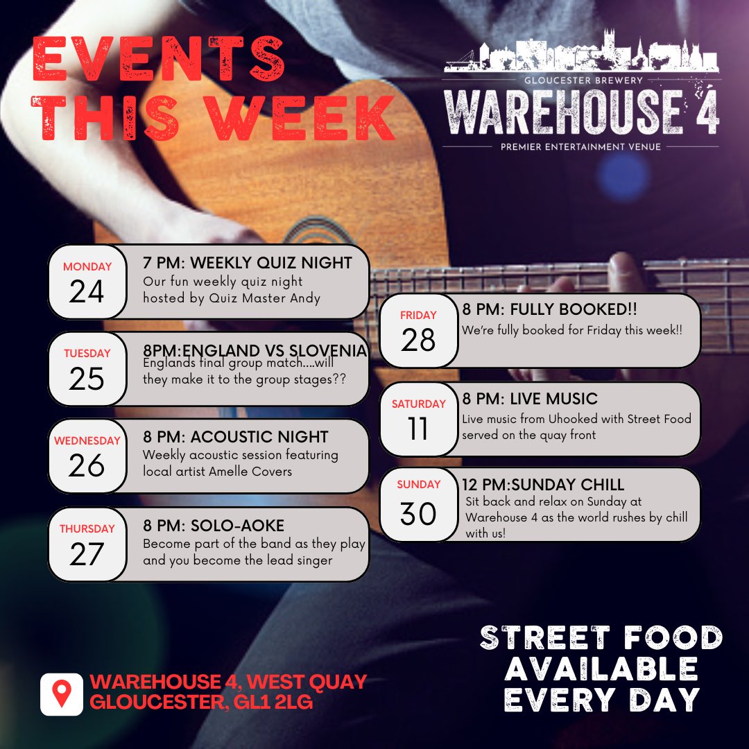 GBrewery's tweet photo. This Week at Warehouse 4! 🍻🎉

- Mon, 7 PM:Quiz Night with Quiz Master Andy 🧠
- Tue, 7 PM: Euro 24 Qualifier: England vs. Slovenia ⚽🏴
- Wed, 8 PM: Acoustic with Amelle Covers 🎶
- Thu, 7 PM: Solo-aoke 🎤
- Sat: Unhooked 🎸
- Sun: Chill &amp; Cheer 🍺

#Euro24 #LiveMusic https://t.co/gIQt4ND3hR
