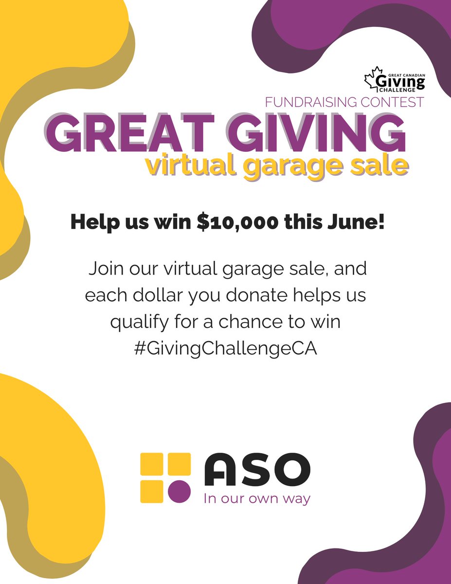 Join our Virtual Garage Sale, or make a donation this June, to help us qualify for a chance to win $10,000 via the #GivingChallengeCA. Every dollar counts! Donation link: canadahelps.org/en/charities/a… Yard sale sign up link: bit.ly/4c8dr9Y #virtualyardsale #donatetoday