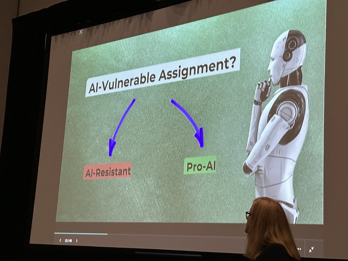 We really have to think about this as instructional designers early in the curriculum development process. Is it Pro-AI? If we do not think kids should use AI for the assignment- how can we modify to make it AI-Resistant? #istelive24