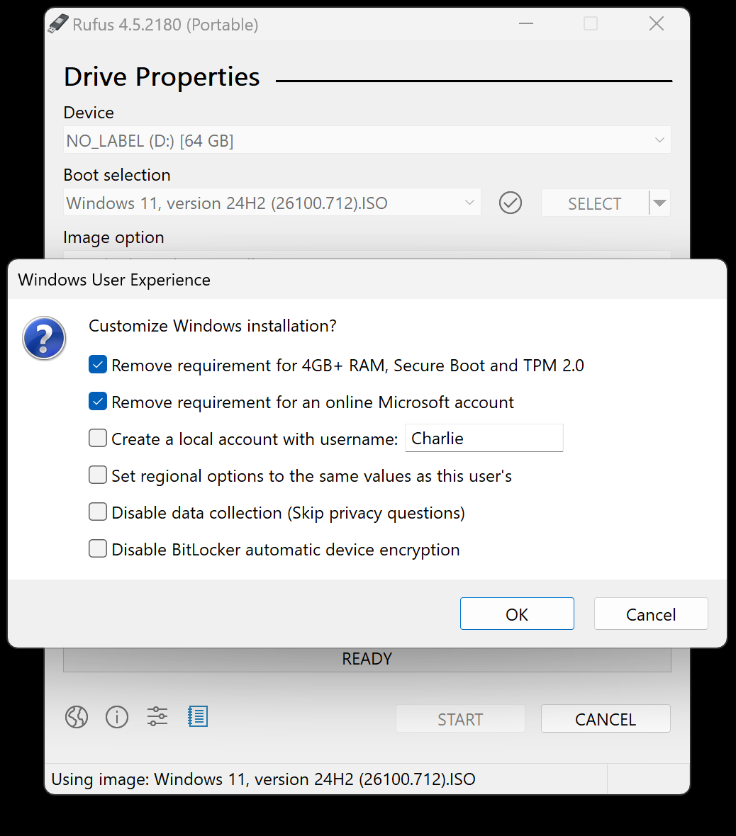 I am one again reminding people that if you are creating a Windows 11 installer, use Rufus

- You can bypass the RAM, Secure Boot and TPM requirements

- You can remove the requirement for a Microsoft account

- Disable automatic encryption

- Auto-create account and more