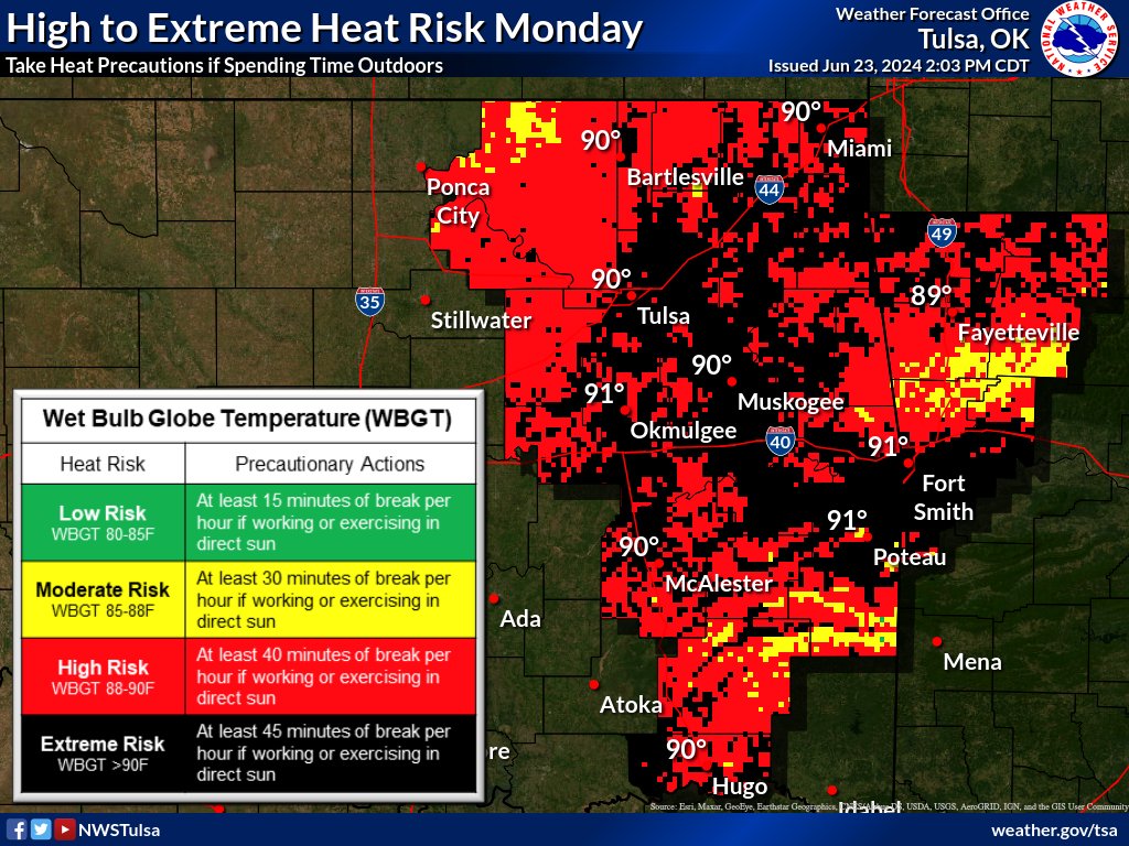 NWStulsa's tweet image. [2:12 PM - 6/23/24] 
⚠️Dangerous heat and humidity is expected across E. OK and NW AR on Monday.  Highest heat indices are forecast to occur across portions the AR River Valley during the afternoon, where an Excessive Heat Watch is in effect. Stay cool and hydrated! #okwx #arwx