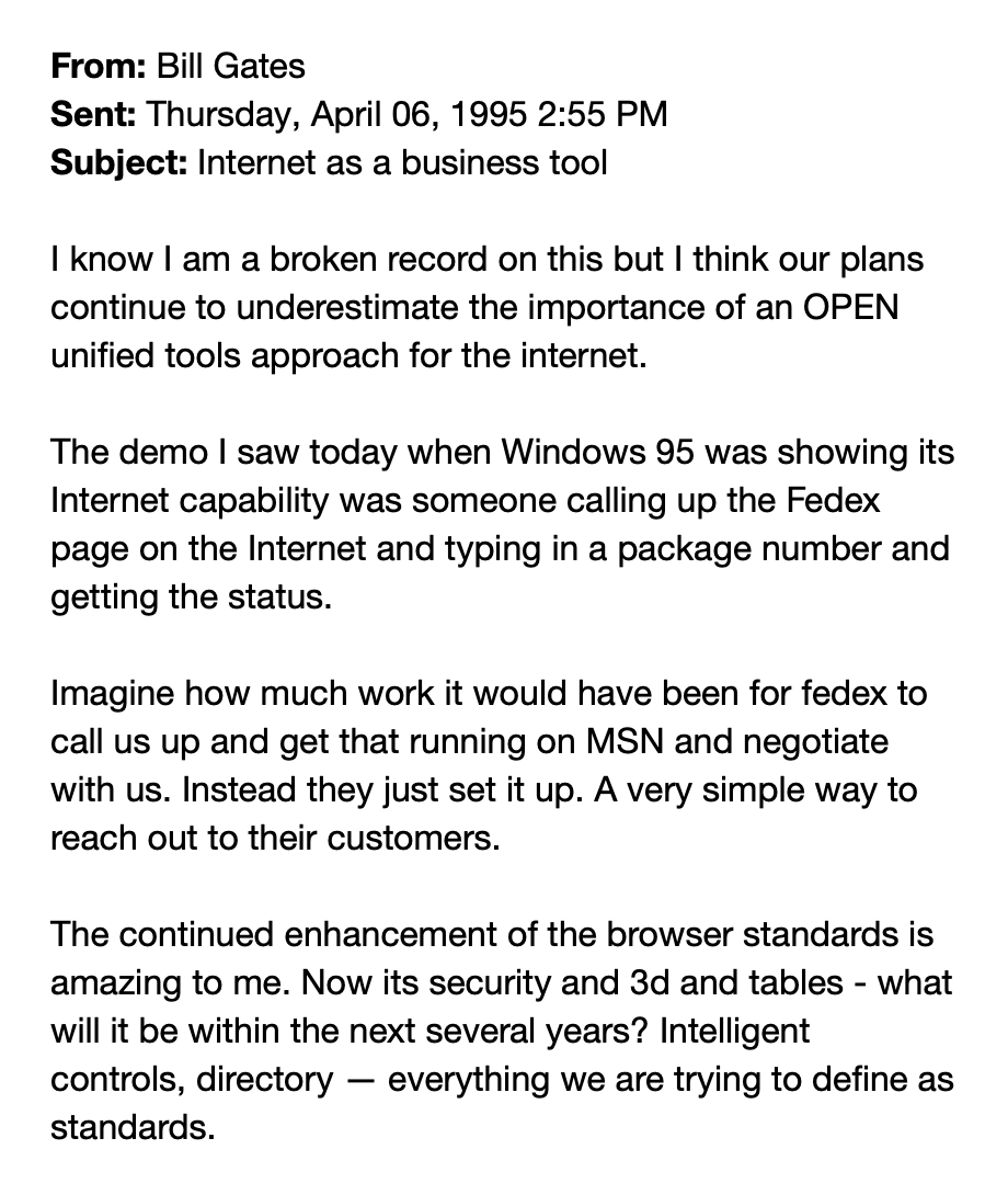 TechEmails's tweet photo. Bill Gates: "Internet as a business tool"

April 6, 1995 https://t.co/TI0mysYeKK
