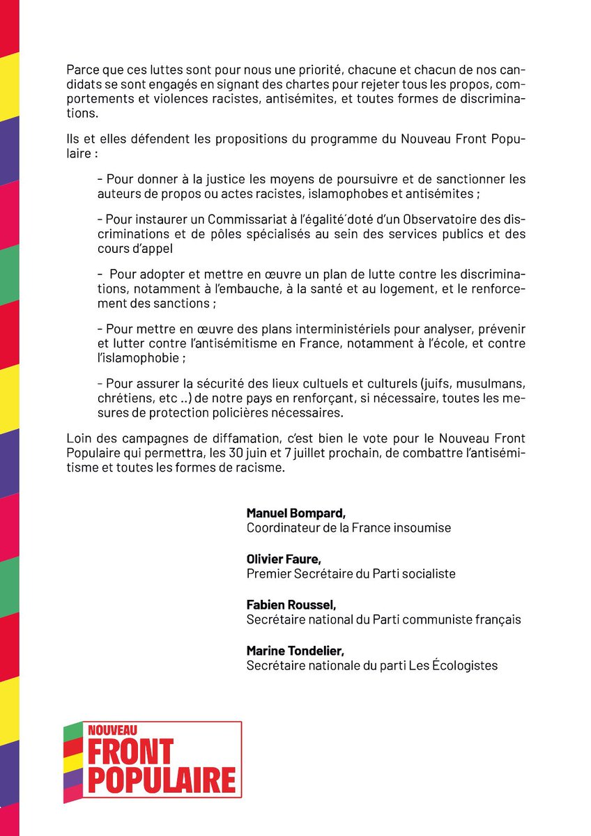 ManesNadel's tweet photo. Déclaration claire des dirigeants du NFP sur le combat contre l'antisémitisme.

C'est bon maintenant ? On peut faire campagne sans subir cette accusation infâme ?

Ou alors c'était depuis le début une offensive, ne défendant en rien les juifs, mais visant à faire gagner le RN ? https://t.co/nlCdJ3jder
