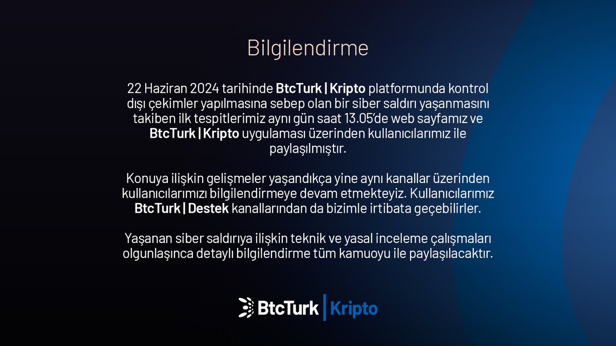 Değerli Kullancılarımız, 

Duyurularımız ve açıklamalarımız için web sayfamız ve BtcTurk | Kripto uygulamamızı takip edebilirsiniz.