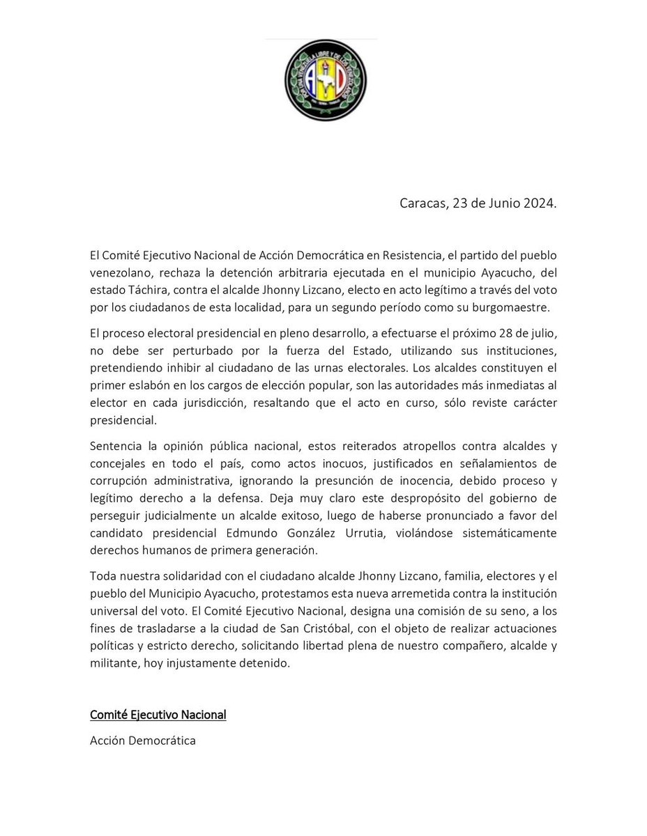 Enviamos toda nuestra solidaridad a nuestro compañero alcalde, Yonnhy Liscano, a su familia y al pueblo del municipio Ayacucho, Táchira. No están solos, nuestro partido, DIOS y todos los venezolanos de bien estamos con ustedes. 

Saldremos de esto juntos.