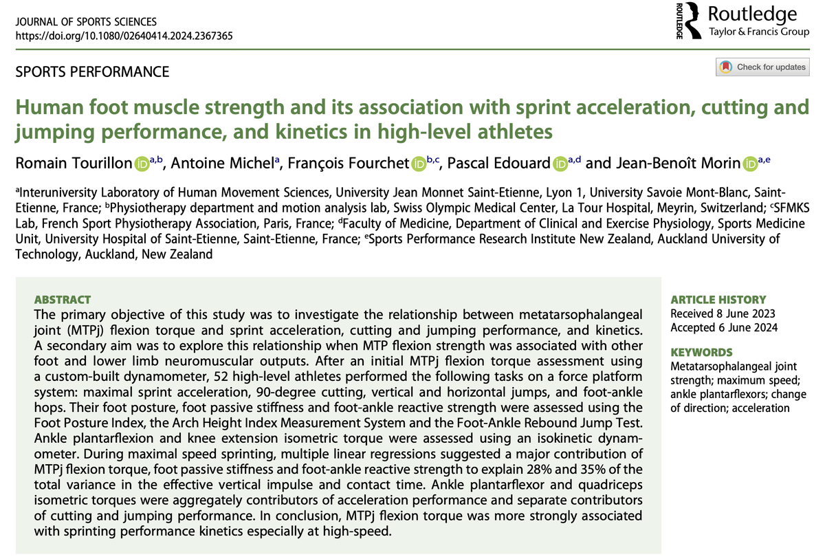 jb_morin's tweet photo. 🚨NEW PAPER🚨 @JSportsSci @LIBM_lab 
Foot 🦶 muscle strength association w/ sprint🏃‍♂️, cutting ⤵️ &amp; jumping perf &amp; kinetics📈in high-level athletes⚽️🏉🏀👟
More @r_tourillon🧑🏻‍🎓's PhD works &amp; training study🔜🔬
Don't let foot-ankle be your⚡️weakest link🔗
📄
https://t.co/MdbYQnhPTl https://t.co/FsiAv0rvdu