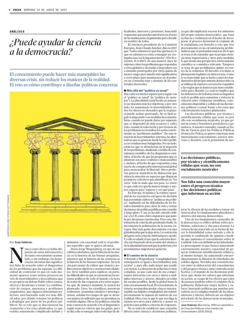 Toda persona que trabaja en políticas públicas, debe leer esta maravilla de columna de <a href="/subirats9/">joan subirats</a>. Entender que la relación de ciencia y política es clave para una mejor democracia, se vincula con mejor comprensión de problemas públicos, no de reemplazar la propia política.