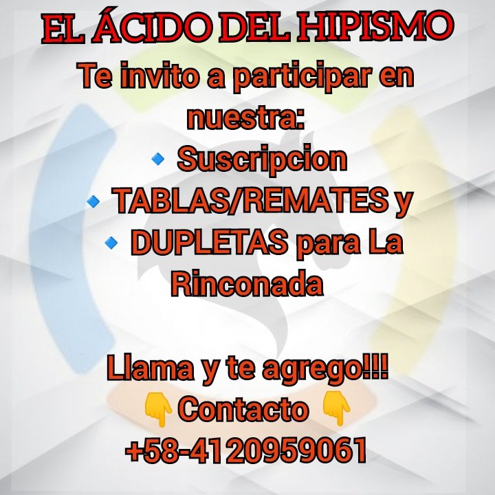 EL ÁCIDO DEL HIPISMO:

🚨Te invito a participar en nuestra:

🔹TABLAS/REMATES y 
🔹DUPLETAS para La Rinconada

Llama y te agrego!!!

👇Contacto 📱vía WhatsApp👇
wa.me/584120959061

#Hipismo🏇
#LaRinconada 🇻🇪
