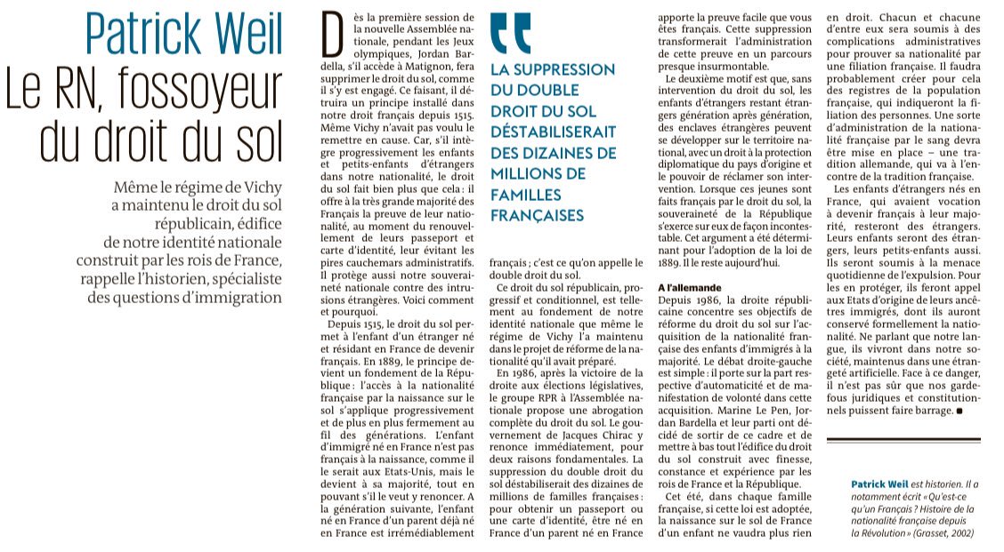 La suppression du droit du sol est la priorité n1 de M. Bardella. C’est le cœur du programme de l’extrême droite depuis Charles Maurras. Avec des conséquences les plus néfastes pour tous les enfants nés en France de parents étrangers, mais aussi de Français. Voici pourquoi.