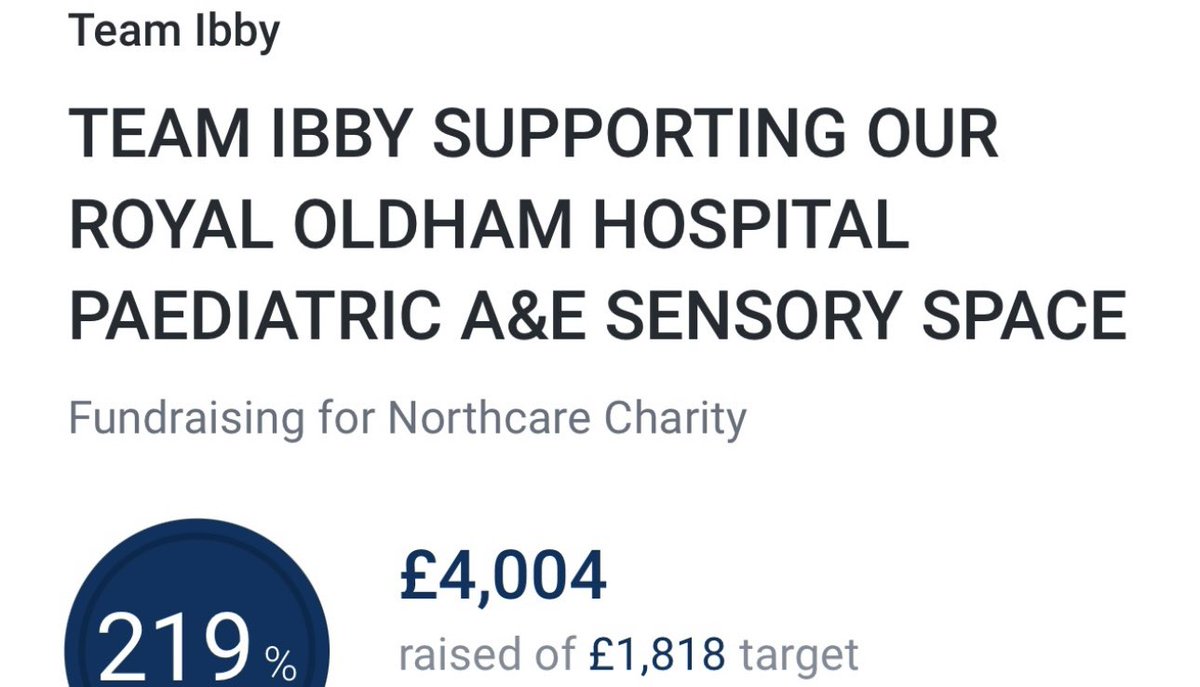 WOW WE DID IT 

Overwhelmed to have hit £4,000 for <a href="/NCareCharity/">NorthCare Charity 💙</a> with every £ going to our fab Oldham Paediatric A&amp;E Sensory Space. Once again I can’t thank everyone enough for all your fab support &amp; kind donations. This Sensory Space will help so many young patients. Thank you.
