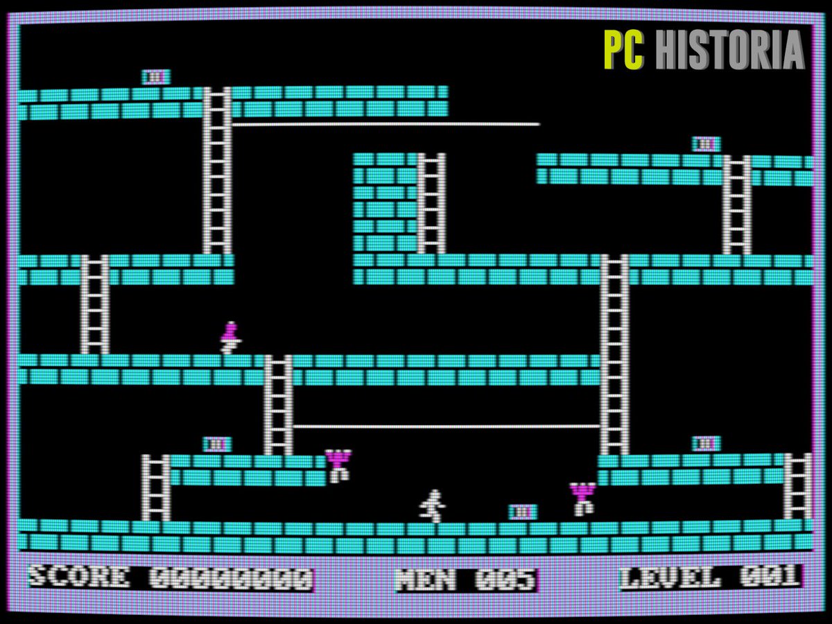 PC__Historia's tweet image. #LodeRunner (#Broderbund, 1983). Todo un CLÁSICO de Douglas E. Smith, que fue versionado para muchísimas plataformas. En #IBM #PC el port fue a cargo de Doug Greene en #CGA. De los primeros juegos en tener un editor de niveles sin tener conocimientos de programación! 🧈🏃