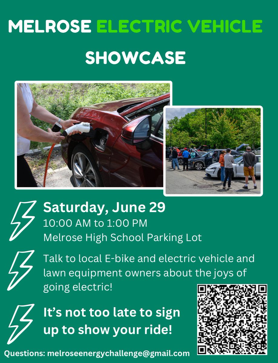 Join us next Saturday 10-1 at Melrose High School for our Electric Vehicle Showcase!