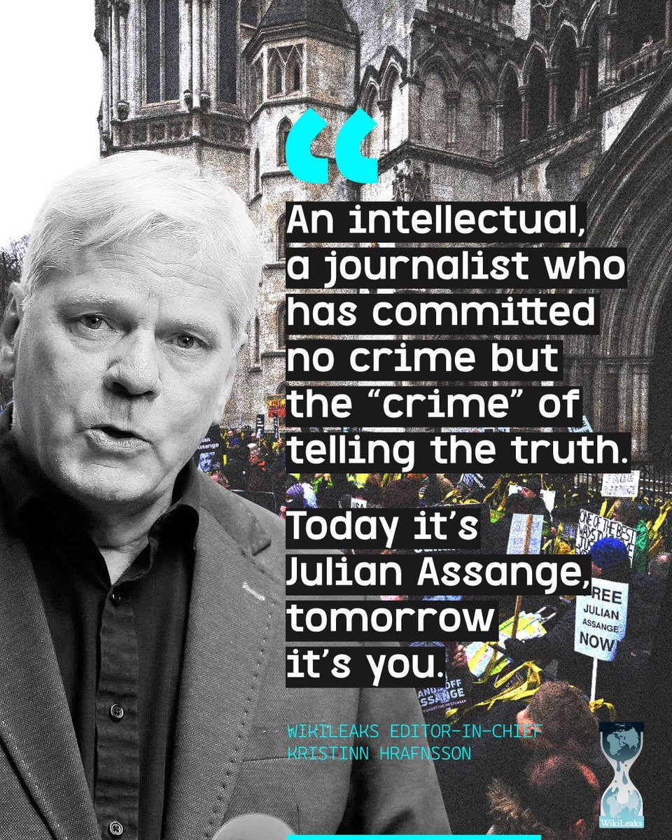 WikiLeaks (@wikileaks) on Twitter photo "An intellectual, a journalist who has committed no crime but the 'crime' of telling the truth. Today itâs Julian Assange, tomorrow itâs you."
- WikiLeaks editor-in-chief Kristinn Hrafnsson <a href="/khrafnsson/">Kristinn Hrafnsson</a> #LetHimGoJoe "An intellectual, a journalist who has committed no crime but the 'crime' of telling the truth. Today itâs Julian Assange, tomorrow itâs you."
- WikiLeaks editor-in-chief Kristinn Hrafnsson <a href="/khrafnsson/">Kristinn Hrafnsson</a> #LetHimGoJoe