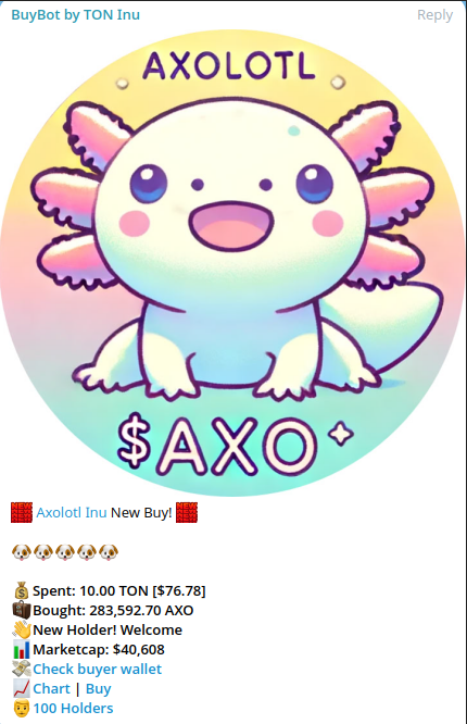 AxolotlOnTon's tweet photo. Salamander FAM! π¦
We just reached 100 holders of $AXO.
This is just the beginning of the #MetaOnTon takeover! π
$REDO #AXO $FISH $UTYA $CHERRY $PLANE #TON $BRETT https://t.co/hDLbIScoNa