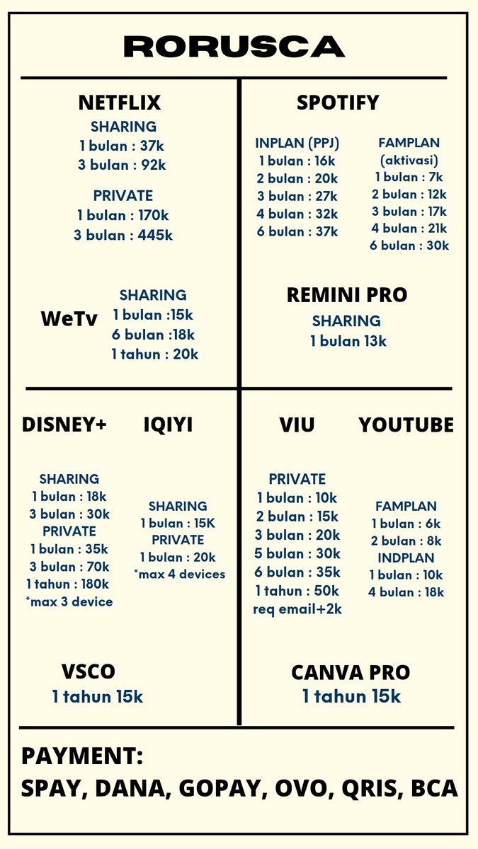 rorusca's tweet image. aku jual nih kaa, kalo minat order di dm/wa yg dibio yawww

✅ legal, trusted, bergaransi 
✅ fastproses &amp;amp; fastrespon

💰payment all e-wallet

t. yg yang jual netflix hbo go canva viu yt youtube prem spotify wetv disney plus hotstar iqiyi vsco remini murah