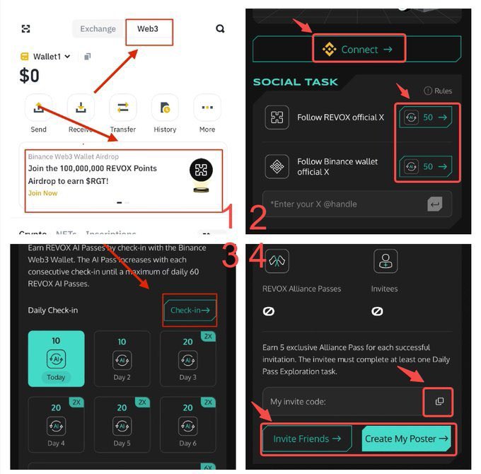 X9empty's tweet photo. Ví Web3 Binance ra chương trình điểm danh nhận thưởng  dự án REVOX

Mất ít phí mạng Opbnb or Linea
1 Truy cập ví Web 3 nhấn tham gia  sự kiện
2 Conect ví Web 3 Binance 
3 Nhập Code: 7UO5V6
4 Fl tài khoản X của event ,điền ID X done
#Binance #Revox #airdrop https://t.co/AKZXjnXzkK