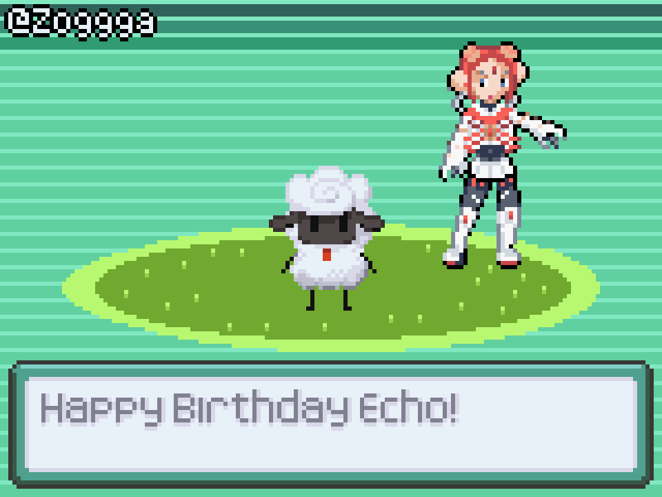 Zoggga's tweet photo. Happy Birthday Echo!
I hope you had a wonderful day
I made you as a Pokemon Trainer with a RAM in Gen3-style

#EchoBDAY2024 #LyneArt #pixelart https://t.co/MpgBrk8jr7