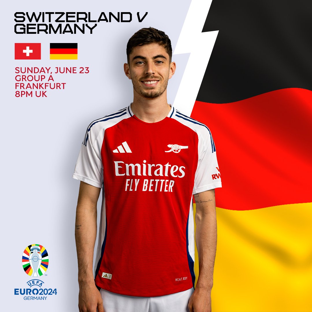 Arsenal's tweet photo. Kai Havertz is looking to maintain his perfect start to #EURO2024 with Germany tonight 🇩🇪

All the best, Kai! 👊 https://t.co/gRKu2waQV2