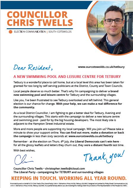 LiberalParty_UK's tweet image. Liberal candidate Cllr Christopher Twells is standing for election in South Cotswolds
Promoted by Stephen Graham on behalf of the Liberal Party, 12 Dayworth Mews, Lundy Lane, Reading, RG30 2RR.