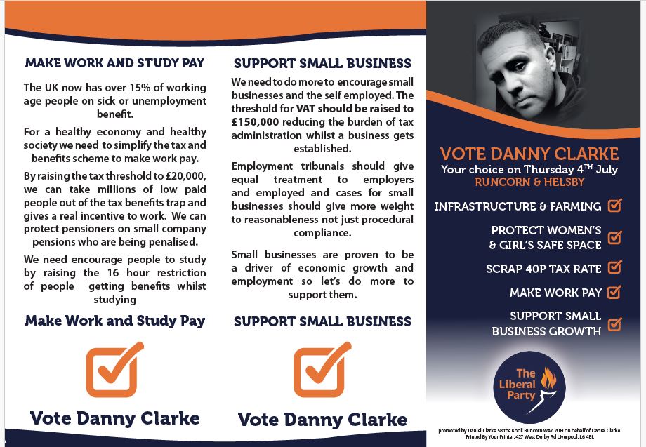 LiberalParty_UK's tweet image. Liberal candidate Dany Clark is standing for election in Runcorn and Helsby Page 1 of 2
Promoted by Stephen Graham on behalf of the Liberal Party, 12 Dayworth Mews, Lundy Lane, Reading, RG30 2RR.