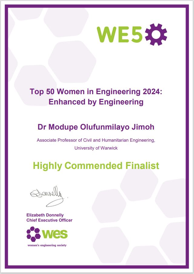 On this International Day of Women in Engineering, I am delighted to have been highly commended as one of the 100 finalists for the WE50 “Top 50 Women in Engineering 2024: Enhanced by Engineering."

#INWED24 #EnhancedByEngineering <a href="/WarwickEngineer/">Warwick Engineering</a> <a href="/uniofwarwick/">University of Warwick</a> <a href="/WES1919/">Women's Eng. Society</a>