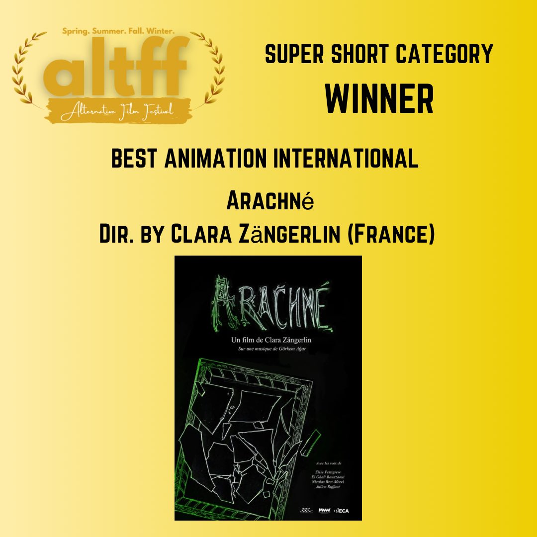 AltFilmFest's tweet photo. SUPER SHORT CATEGORY Best Animation International: Arachné - Dir. by Clara Zängerlin (France)
#alternativefilmfestival #altffsummer2024 #imdb #imdbawards #filmfestival #filmawards #filmcommunity #filmmakers #filmfreeway #filmfestivals #torontofilms #torontofestivals https://t.co/rm6EhUn3Xv