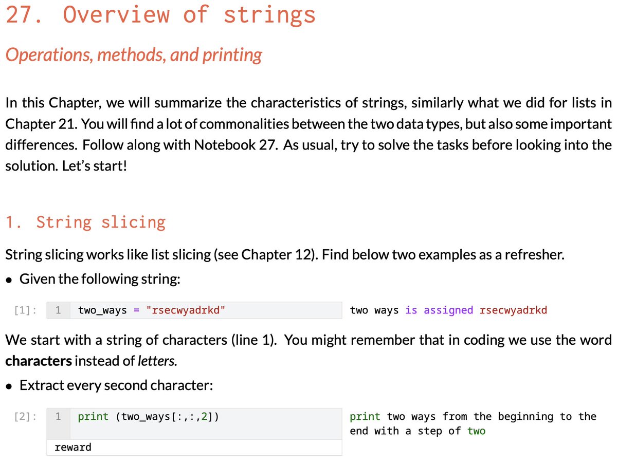 Chapter 27 of "Learn Python with Jupyter" is out! It's an overview of strings, their characteristics, operations and methods and some ways to print them.

I hope you'll find it useful!

learnpythonwithjupyter.com

#learnpython #jupyter #computationalthinking