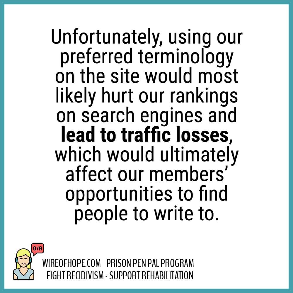 Wire_of_Hope's tweet image. Here’s the deal- we don’t like it, but we don’t have many other options- at least for now 😒 Rest assured that we do believe in the power of language to shape perception and use person-first language every chance we get! 🧡 #personfirstlanguage #inmates #prisoners