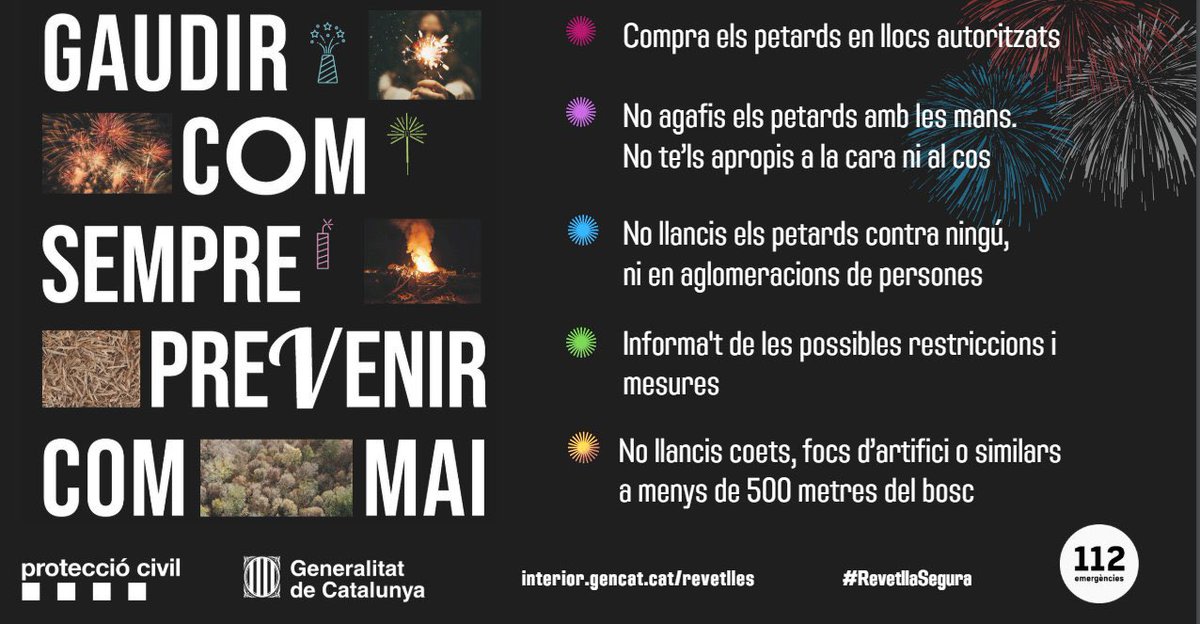 ⚠️ Amb el vent, extremeu les precaucions!
Aquesta nit de revetlla, si tires petards fes-ho de manera respectuosa i segura.
🚫No facis ús de la pirotècnia a menys de 500 metres de terreny forestal o agrícola
🚮 Un cop hagis acabat de tirar els petards, recull les restes.