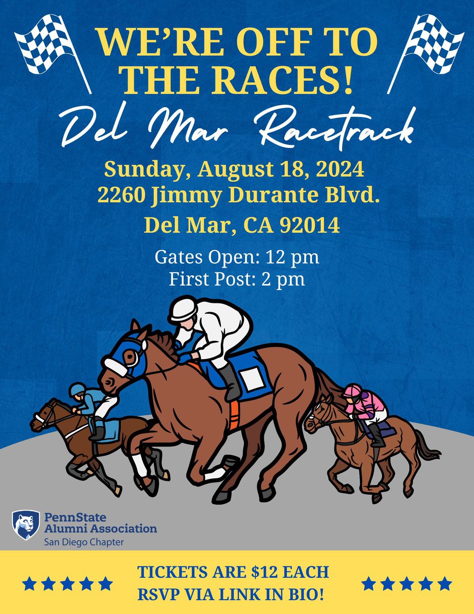 SDPSU's tweet image. Come join your us for Day at the Races on Sunday August 18th at the Del Mar Thoroughbred Club🐎 Tickets are $12 and include Grandstand Level 3 seating (in the shade, by the finish line) and general Clubhouse admission. RSVP via the link in bio to purchase tickets!
