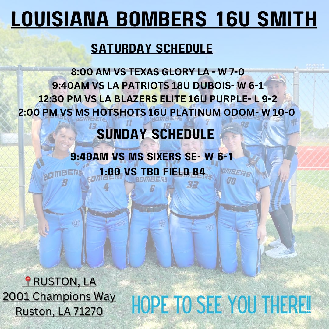 🚨 UPDATED SUNDAY SCHEDULE 🚨

It’s hot but our girls are putting on a show for you guys! Come out and watch some good softball 🥎 

#louisianabombers #travelsoftball