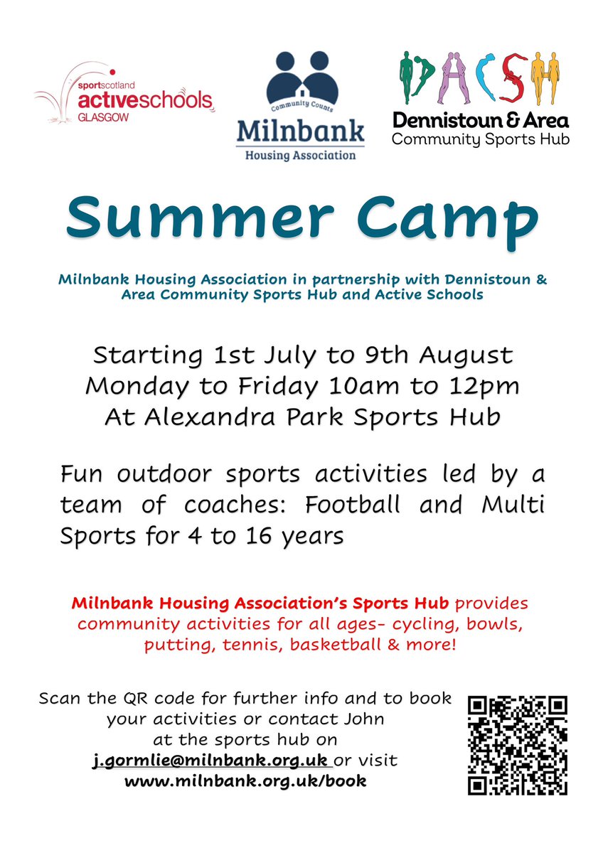 Our Sports Hub Summer Camp is on again over the school holidays from Monday 1st July to 9th August. Coached football and multi-sports activities from 10am to 12pm. There will also be themed Sports Days on Wednesdays. Book via the link below or QR code 
milnbank.org.uk/book/