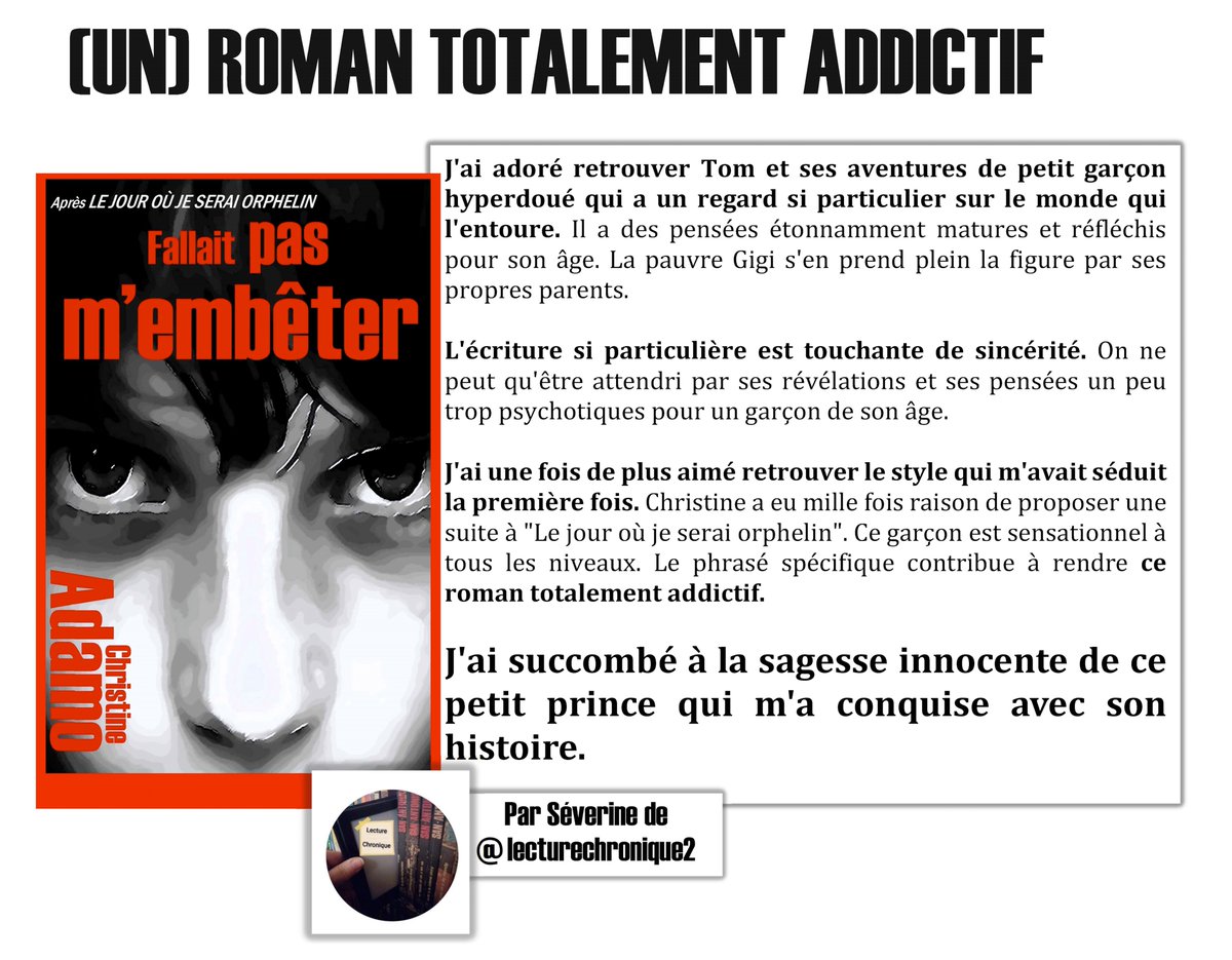 cadamo3's tweet image. Une #chronique totalement sympathique 😊! Merci encore à Séverine, de @lecturechronique2 pour la lecture de #fallaitpasmembêter (après celle de #lejouroùjeseraiorphelin bien sûr)
#roman #livre #lecture #book #litterature #bestseller #thrillerpsychologique #passion #christineadamo