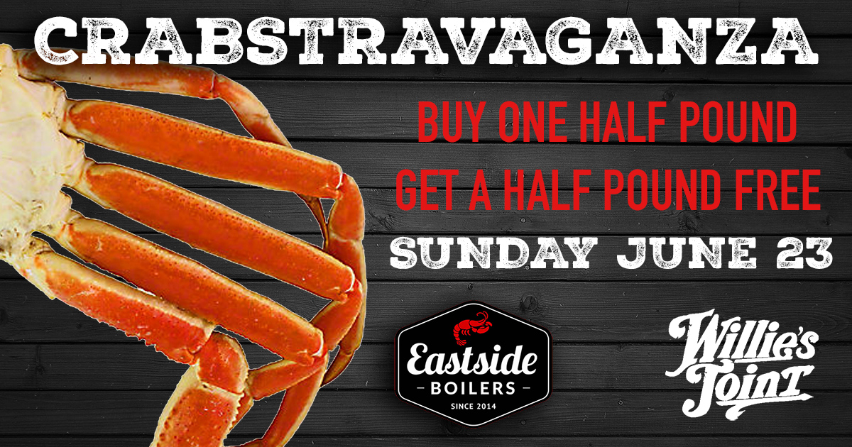 Anyone feel like having crab legs for Sunday Funday?

Come find us over at Willie's Joint this afternoon for their CRABSTRAVAGANZA.

They still have crawfish too!