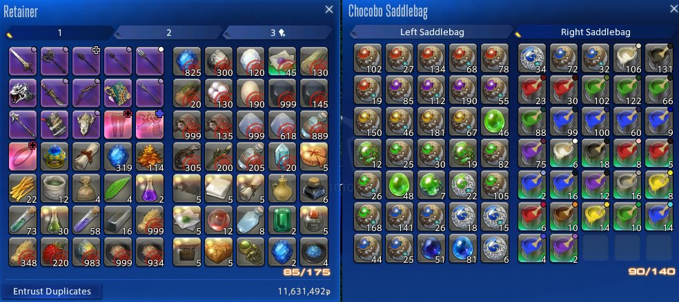 KeeverAlexander's tweet photo. @Xepla #CleanFFXIVBags (well, the best I could do - retainers are categorised by crafting mats and tokens) https://t.co/hxyUB55Va9