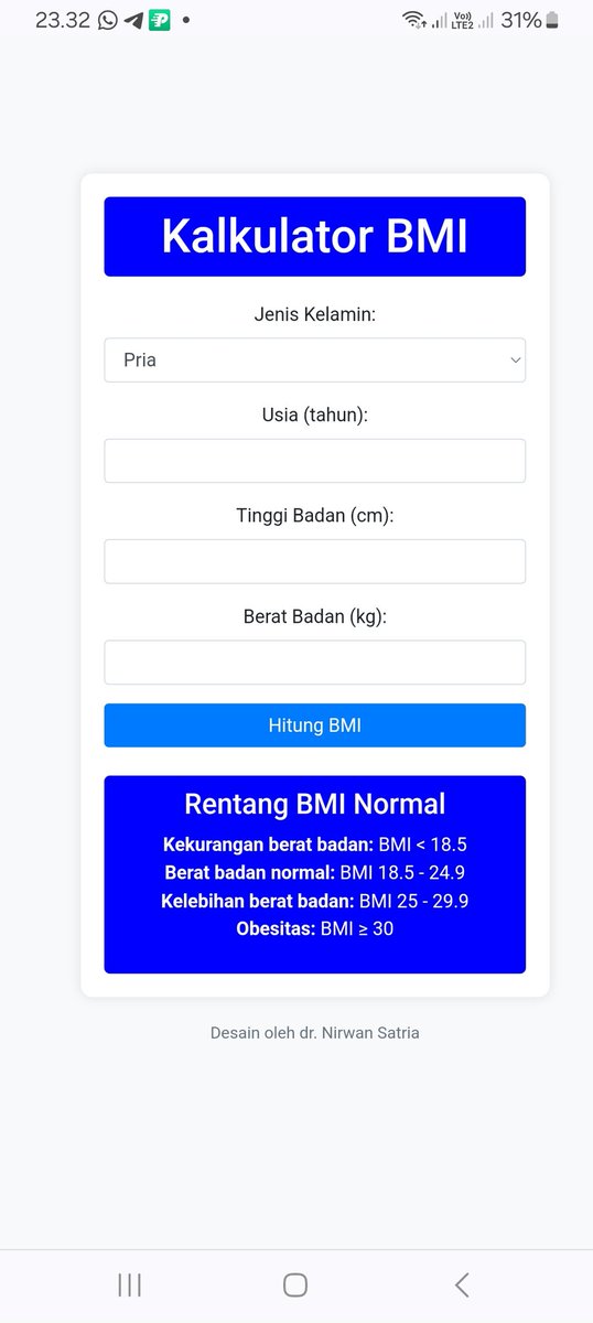 nirwan_anestesi's tweet image. Hasil belajar buat aplikasi, silahkan bagi yang mau tahu status BMI nya dan rekomendasi hasil di 
nirwanmarktal.biz.id/kalkulatorbmi
#BelajarNgoding
