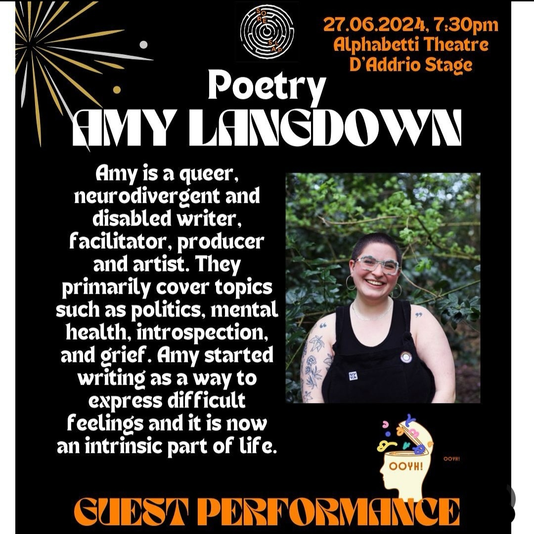 SoreSlap Theatre (@soreslaptc) on Twitter photo #6
SPECIAL GUEST COLLABORATION
<a href="/amylangdown_/">Amy Langdown</a> Founder and host of the fantastic
<a href="/OOYH_poetry/">Out of Your Head!</a>
Come along to hear a brilliantly powerful set from a cracking poet!!
This Thursday
7.30pm
Ticket £3-£10
linktr.ee/soreslap_lc
#SketchSlapJune
<a href="/Alphabetti/">Alphabetti Theatre</a> #6
SPECIAL GUEST COLLABORATION
<a href="/amylangdown_/">Amy Langdown</a> Founder and host of the fantastic
<a href="/OOYH_poetry/">Out of Your Head!</a>
Come along to hear a brilliantly powerful set from a cracking poet!!
This Thursday
7.30pm
Ticket £3-£10
linktr.ee/soreslap_lc
#SketchSlapJune
<a href="/Alphabetti/">Alphabetti Theatre</a>