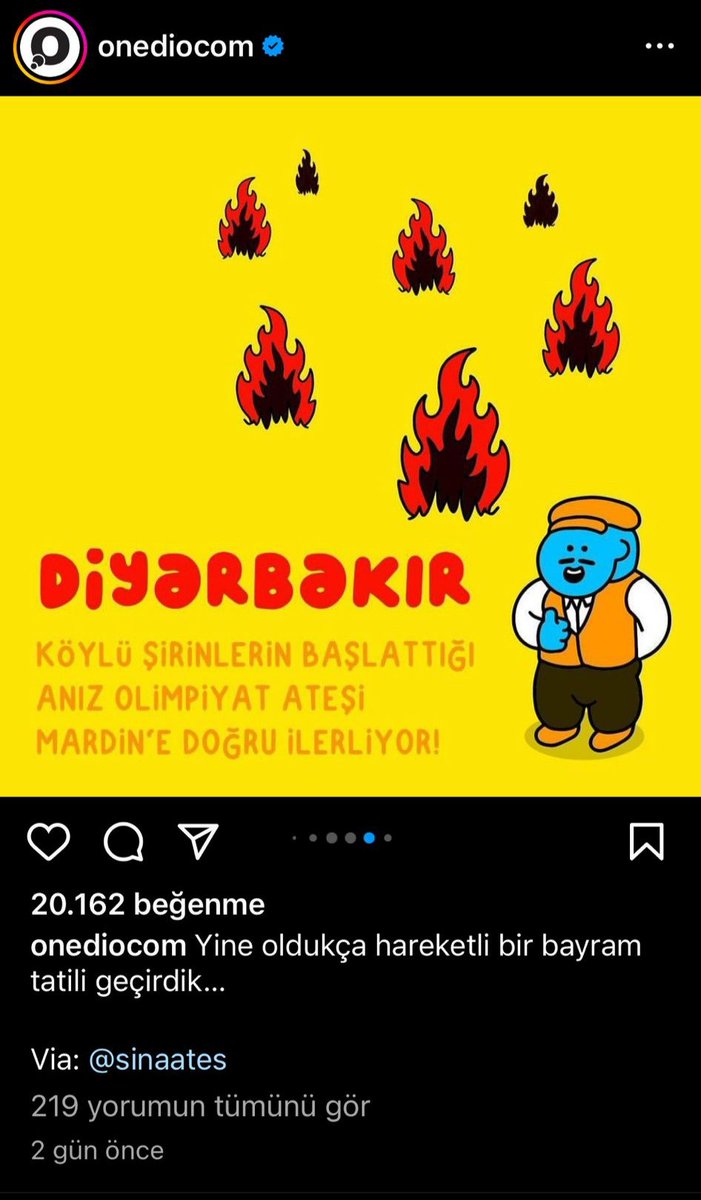 Mardin ve Diyarbakır'da çıkan yangın nedeniyle Onedio paylaşım platformunda alaycı bir dil kullanılarak olimpiyat ateşine benzetmesi ve yapılan ırkçı paylaşım kabul edilemez.
#OlimpiyatAteşiDeğilDirekYangını