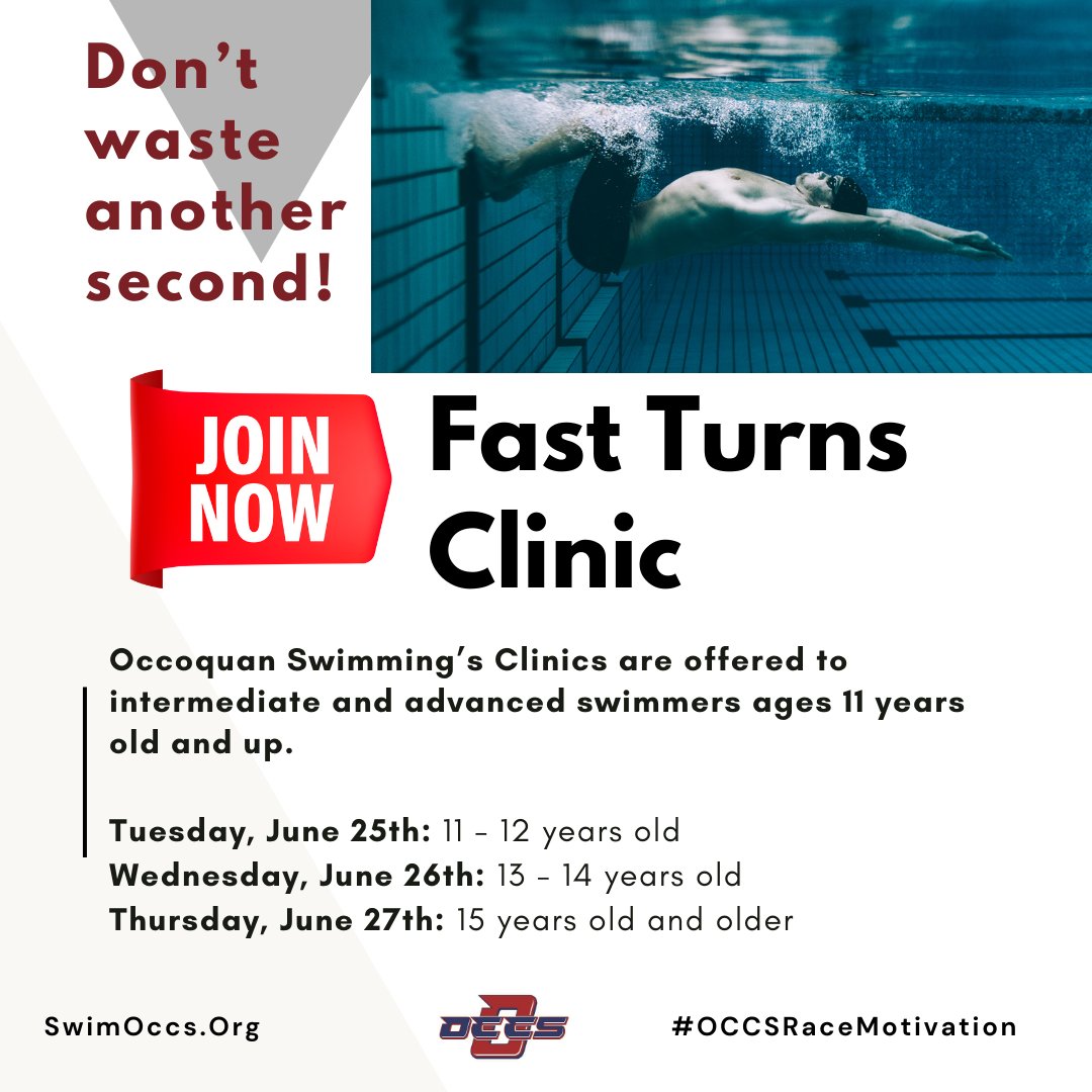 Join Occoquan Swimming's Fast Turn Clinic and improve your APPROACH, SPEED and PRECISION with EVERY TURN in EVERY RACE! Sign up now! Spaces are limited! pulse.ly/jqpexe2mos

#OCCSRaceMotivation #OCCSDreamBelieveAchieve