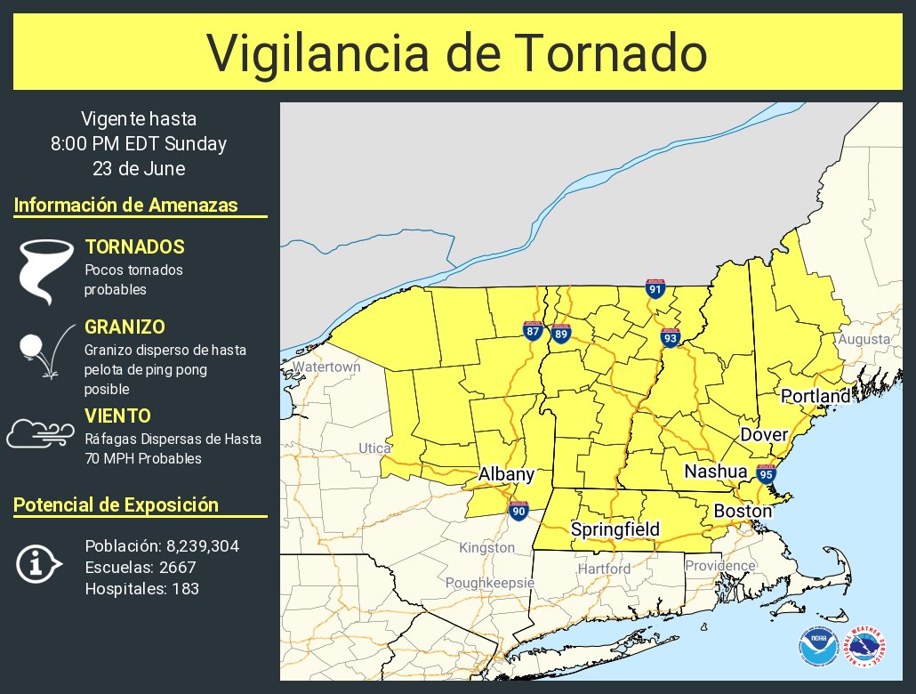 NWSBoston's tweet image. Vigilancia de Tornado ha sido emitida para partes de Maine, Massachusetts, New Hampshire, New York y Vermont hasta las 8 PM EDT