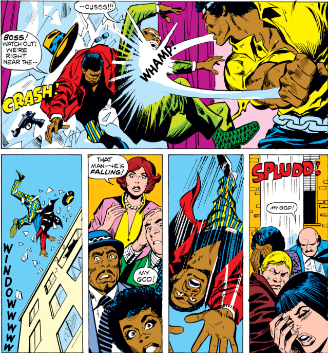 MarvelADay's tweet photo. #MarvelADay #PM20 If you've ever wondered what sound a defenestrated criminal falling 35 stories would make, wonder no longer: Power Man has the answer, and it's SPLUDD! - crs https://t.co/Td2514UC0B