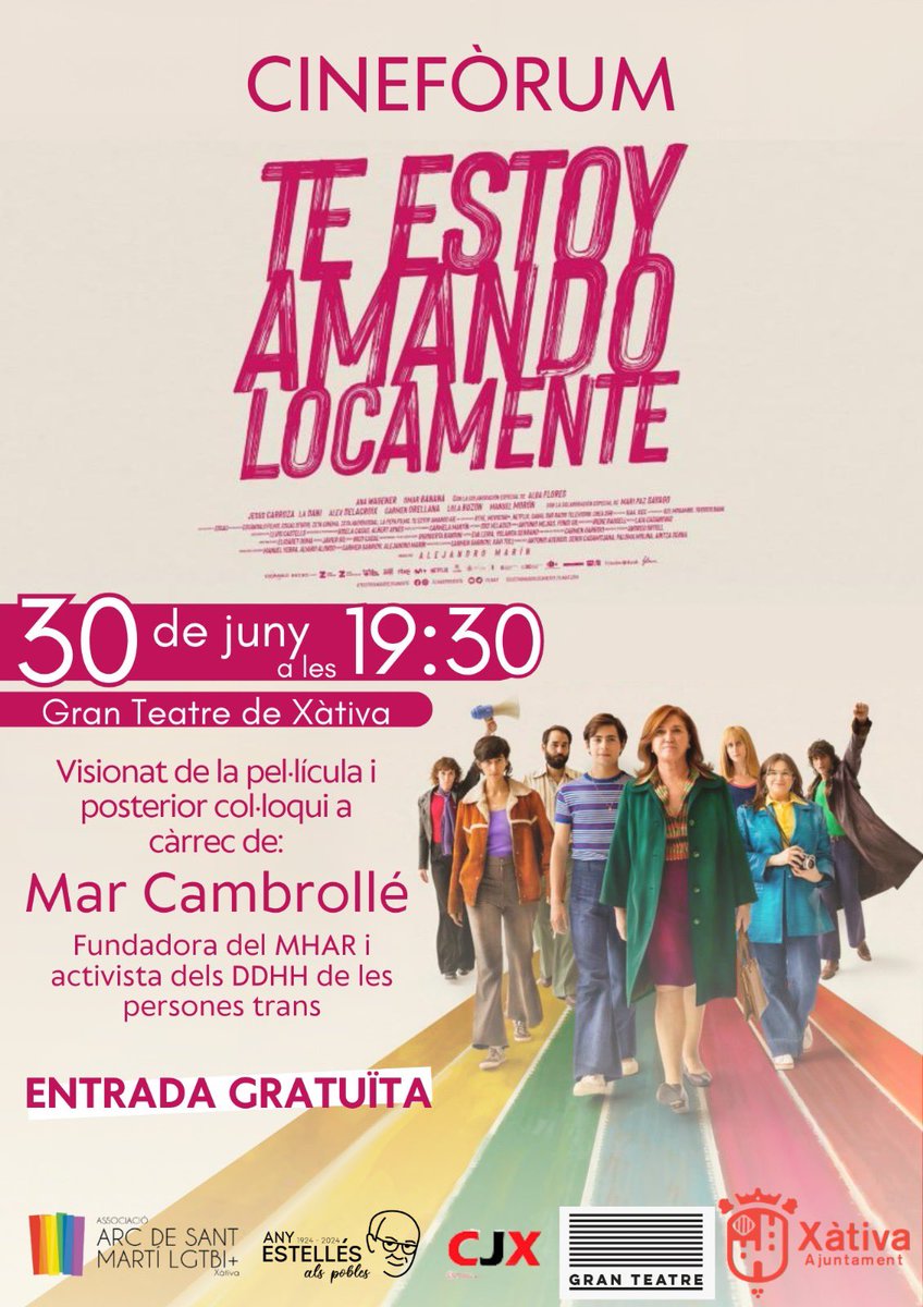 🎞️La reconeguda pel·lícula “Te estoy amando locamente” arriba al Gran Teatre de Xàtiva

🗓️Diumenge 30 juny
🕢19.30 h

🎟️Entrada gratuïta amb invitació (recollida a la Casa de les Dones de Xàtiva)

💬Després es realitzarà un col·loqui amb la històrica activista trans Mar Cambrollé