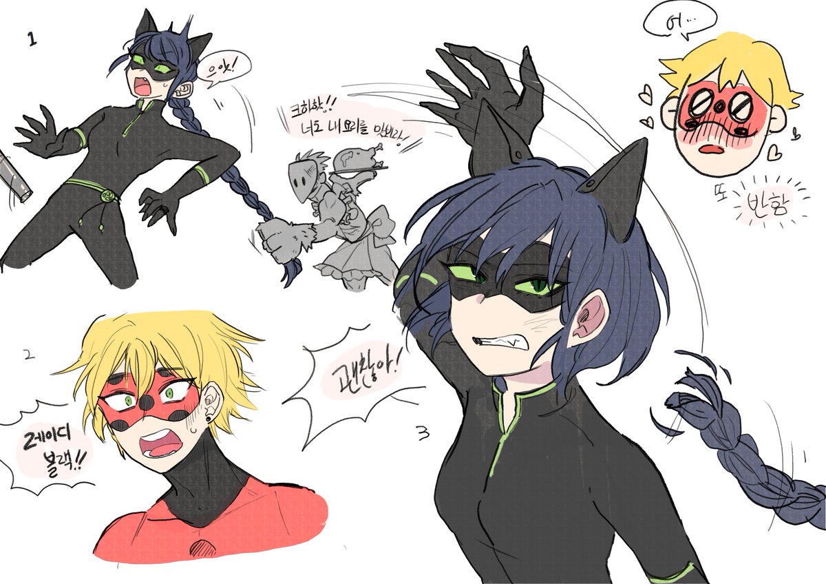 초반에 그렸던 레이디블랙 미스터벅인데 갠취론 긴머리 딴 것보단 꼬리가 있어줬음 싶었다 그렇다고 광광.. 🐈‍⬛🐞
