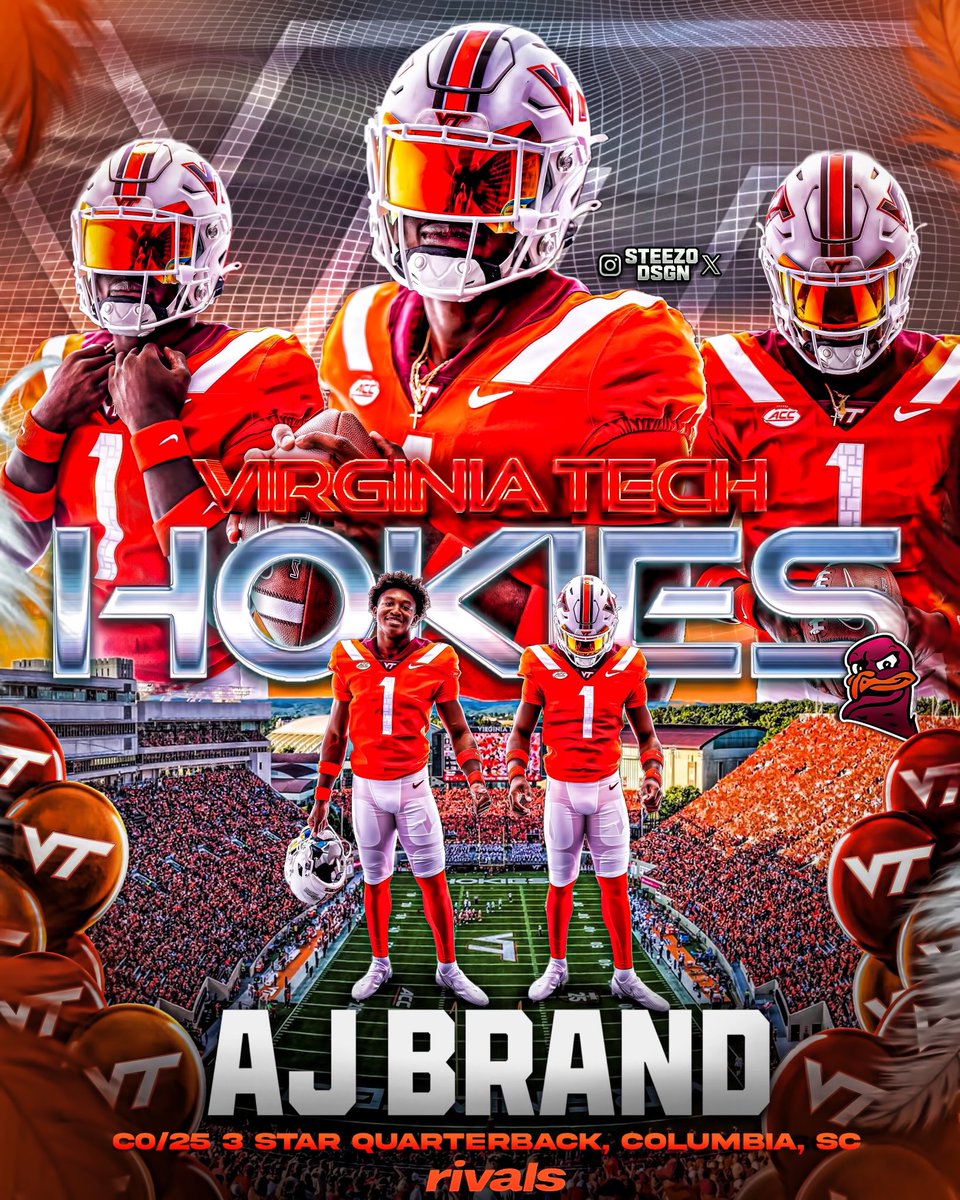 BREAKING: CO/25 3 ⭐️ QB AJ Brand ( <a href="/BrandAaron/">AJBrand_1</a> ) has committed to Virginia Tech he tells me. 
-
Brand is a 6’1 ( 200 LBS ) Pro Style Quarterback out of Columbia, SC. He’s totaled 10 offers out of High School but Ultimately chose the Hokies over South Carolina. 
-
Hokies fans