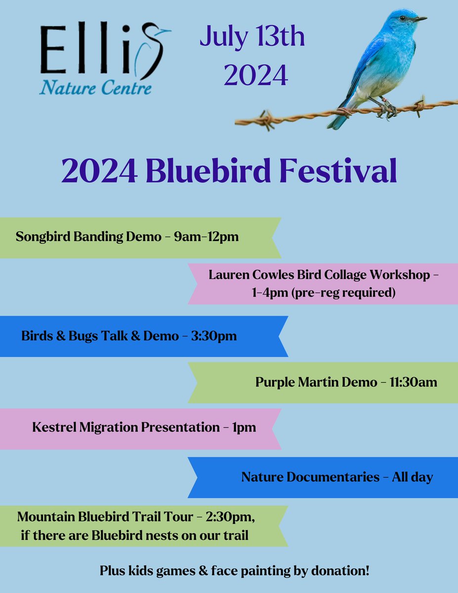 EllisNatCentre's tweet image. Here is our 2024 Bluebird Festival schedule! Check out this incredible lineup, all focused on the wonderful birds that call Central Alberta home. Whether you're a bird lover or just discovering the wonderful world of birds, our festival has events for you. Mark your calendars!