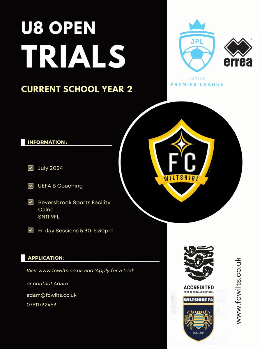 FC Wiltshire Development Centre (@fcwiltshiredc) on Twitter photo We will be holding open trials in July for next seasons u8s (current u7s).
Use the link below to book your place ⬇️
fcwilts.co.uk/get-involved/ Or email Adam@fcwilts.co.uk
🟡⚫️⚪️ We will be holding open trials in July for next seasons u8s (current u7s).
Use the link below to book your place ⬇️
fcwilts.co.uk/get-involved/ Or email Adam@fcwilts.co.uk
🟡⚫️⚪️