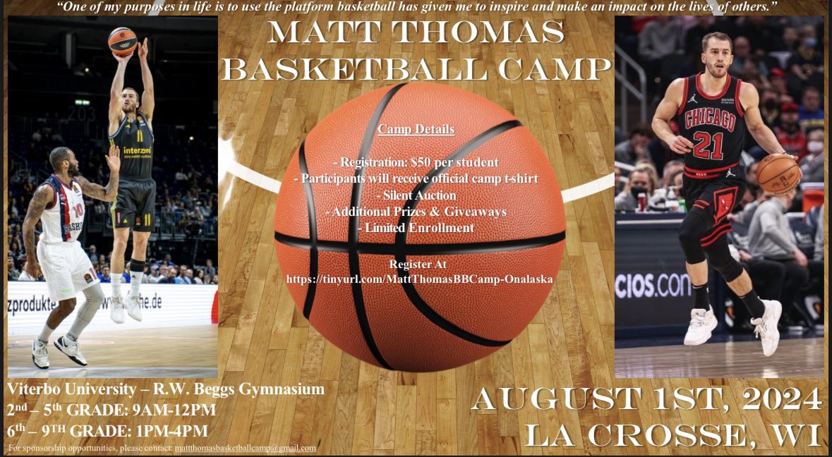 Registration is open for basketball camp this summer in LaCrosse! It’s the 7th year hosting camp now, and I’m just as excited as the first! I’m grateful for the opportunity to give back to the community that helped shape who I am today. 

All camp details attached! 🏀